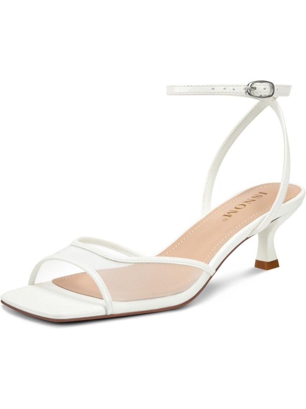 ISNOM Women's White Rubber Square Toe Ankle Buckle Strap Kitten Heels Sandal